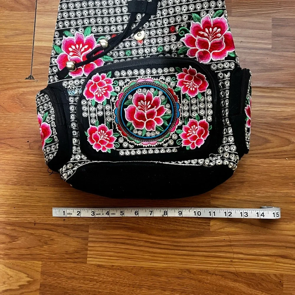 Floral Embroidered Backpack - Black and Red